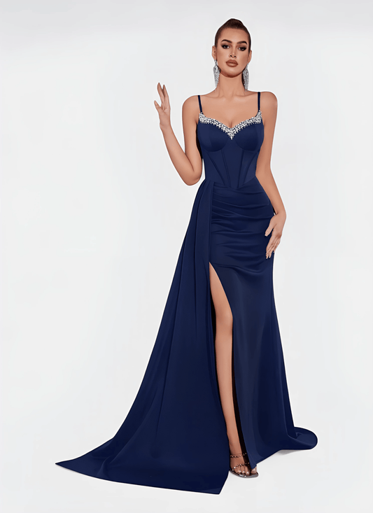 NAVY SWEETHEART NECK CORSET SPLIT EVENING DRESS - Cecilia`s Dresses