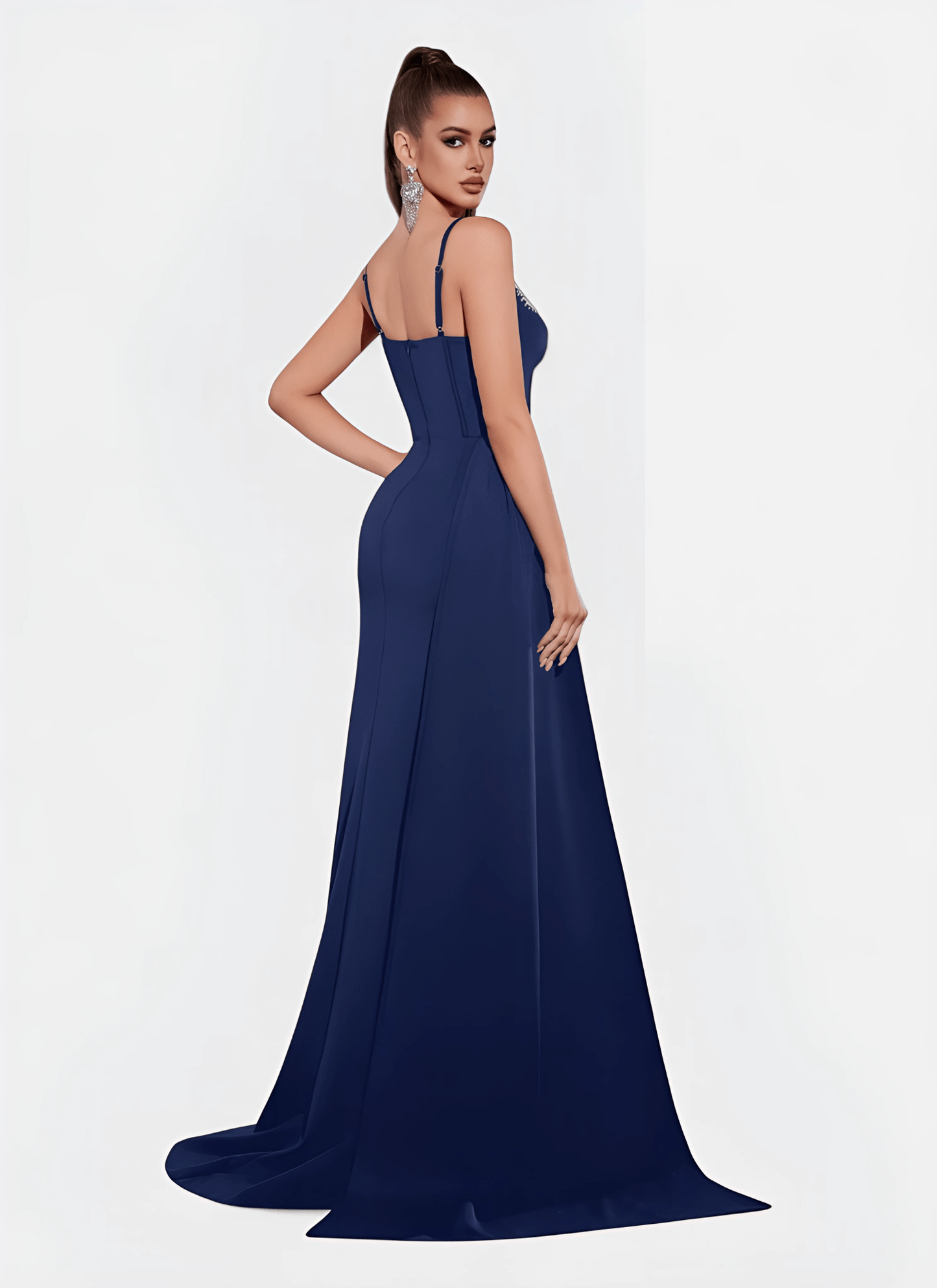 NAVY SWEETHEART NECK CORSET SPLIT EVENING DRESS - Cecilia`s Dresses
