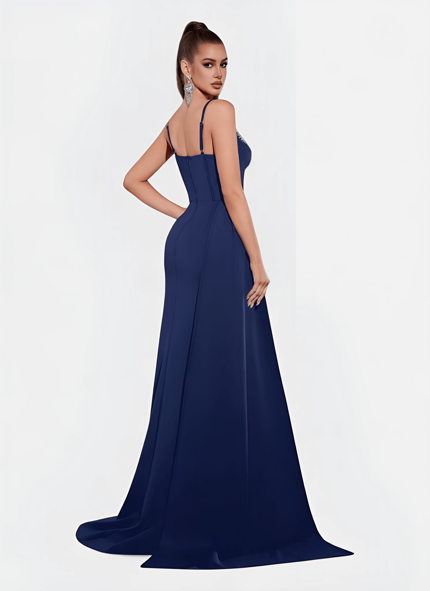 NAVY SWEETHEART NECK CORSET SPLIT EVENING DRESS - Cecilia`s Dresses
