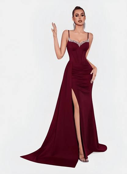 NAVY SWEETHEART NECK CORSET SPLIT EVENING DRESS - Cecilia`s Dresses