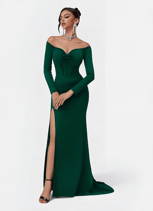 OFF SHOULDER LONG SLEEVE CORSET ELEGANT PROM DRESS - Cecilia`s Dresses