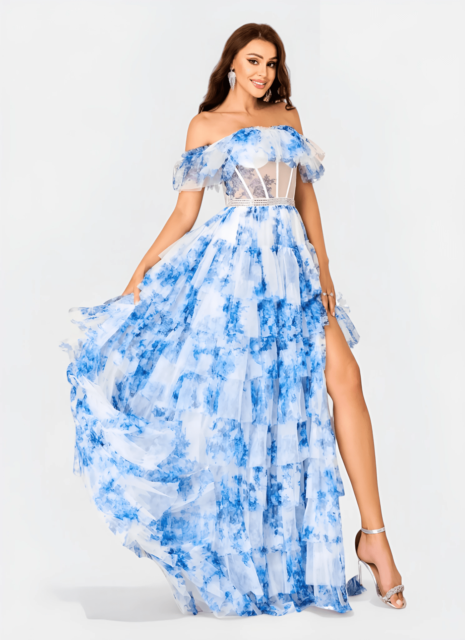 OFF - SHOULDER PRINTED A - LINE FLOOR - LENGTH DRESS - Cecilia`s Dresses