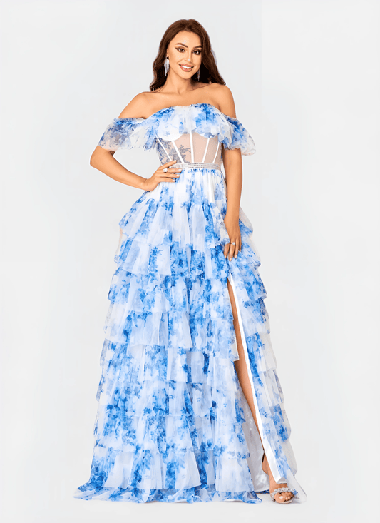 OFF - SHOULDER PRINTED A - LINE FLOOR - LENGTH DRESS - Cecilia`s Dresses