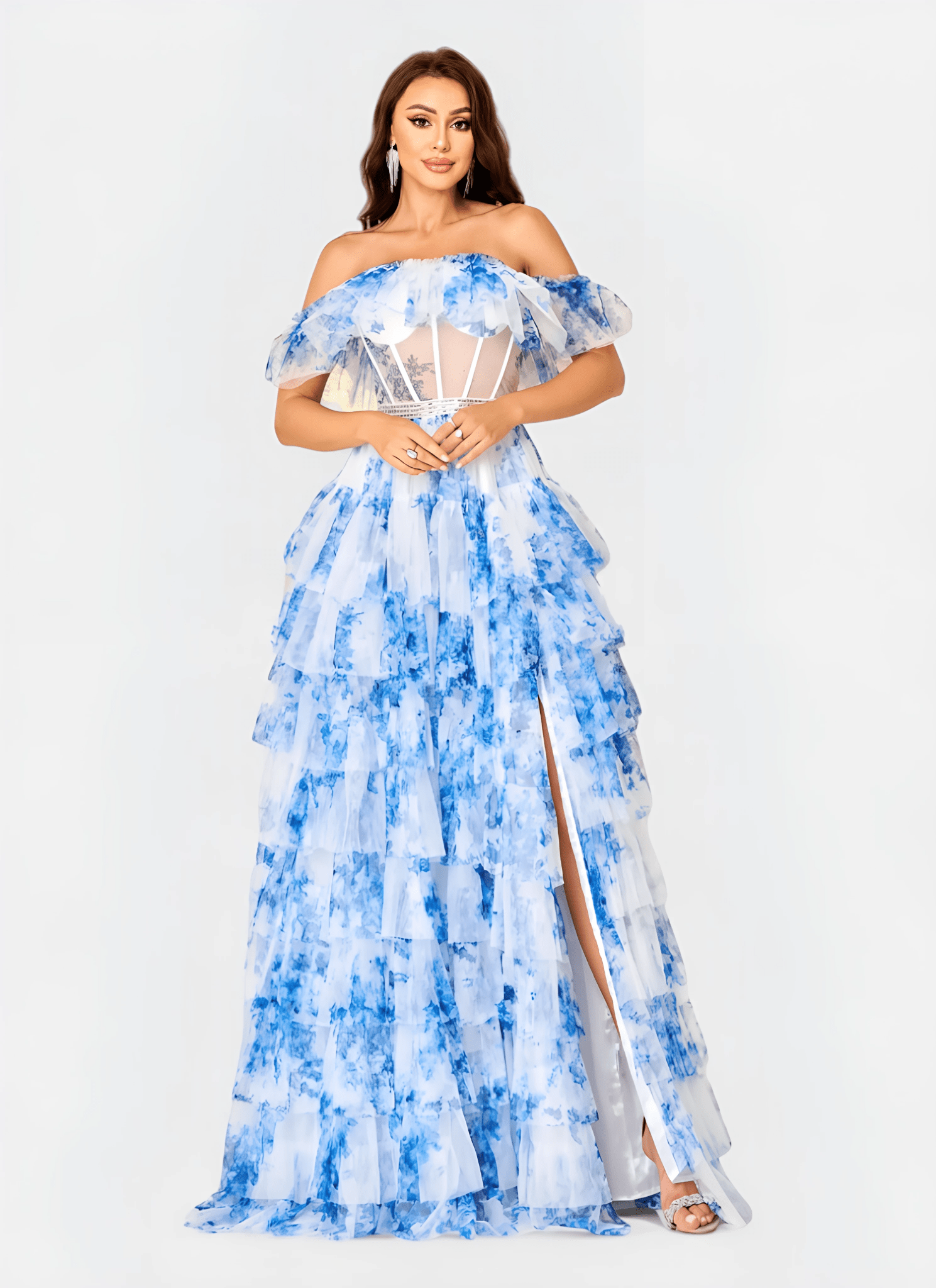 OFF - SHOULDER PRINTED A - LINE FLOOR - LENGTH DRESS - Cecilia`s Dresses