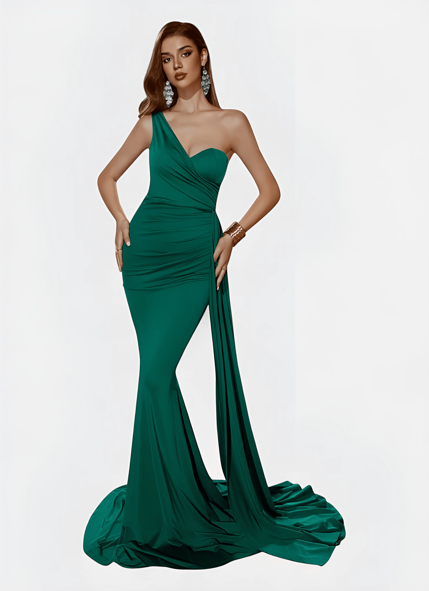 ONE SHOULDER MERMAID DRAPED BACKLESS EVENING DRESS - Cecilia`s Dresses
