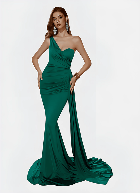ONE SHOULDER MERMAID DRAPED BACKLESS EVENING DRESS - Cecilia`s Dresses
