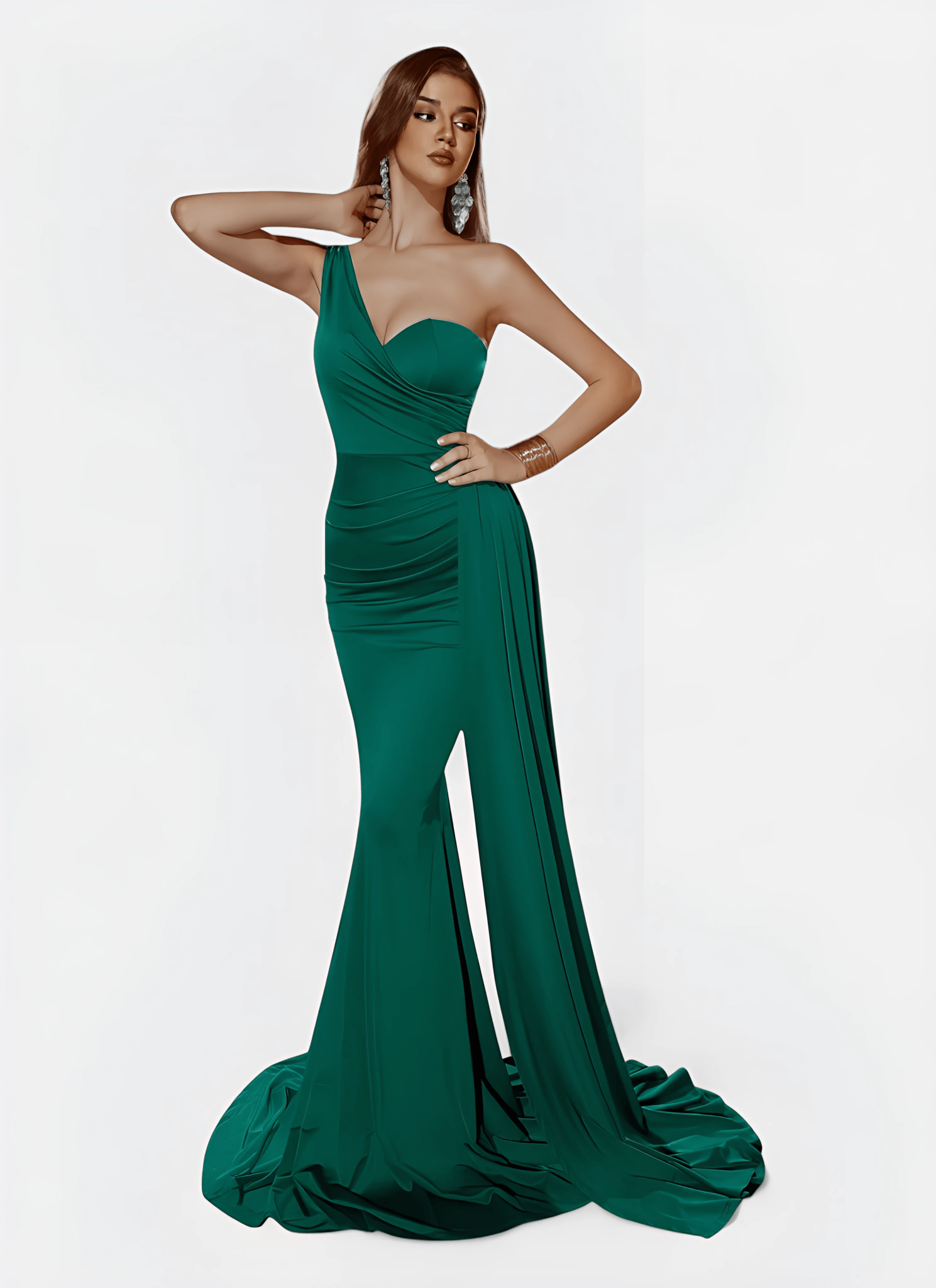 ONE SHOULDER MERMAID DRAPED BACKLESS EVENING DRESS - Cecilia`s Dresses