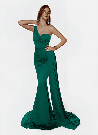 ONE SHOULDER MERMAID DRAPED BACKLESS EVENING DRESS - Cecilia`s Dresses