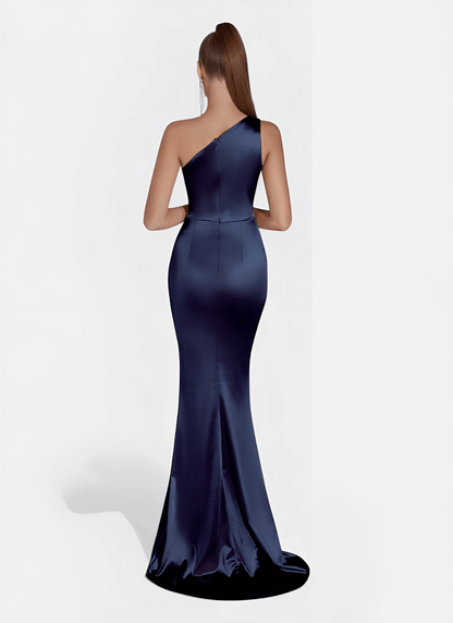 ONE SHOULDER RUCHED SPLIT SATIN PROM DRESS - Cecilia`s Dresses