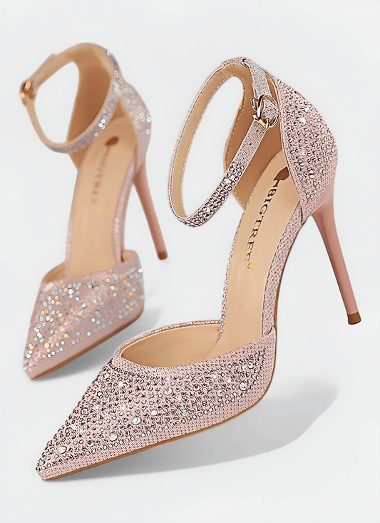 POINTED TOE HOLLOW STRAP SHINY RHINESTONE HEELS - Cecilia`s Dresses