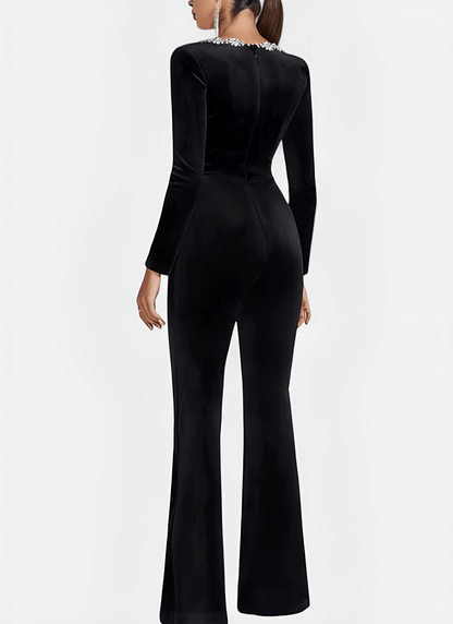 POLYESTER DIAMOND EMBELLISHED FLARE JUMPSUIT - Cecilia`s Dresses