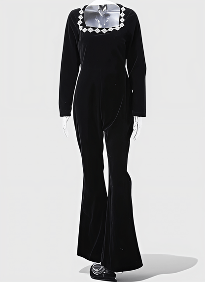 POLYESTER DIAMOND EMBELLISHED FLARE JUMPSUIT - Cecilia`s Dresses