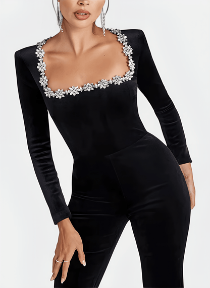 POLYESTER DIAMOND EMBELLISHED FLARE JUMPSUIT - Cecilia`s Dresses
