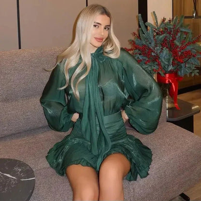 POLYESTER ELEGANT PLEATED O - NECK MINI DRESS - Cecilia`s Dresses