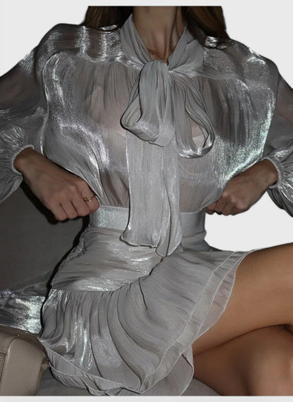 POLYESTER ELEGANT PLEATED O - NECK MINI DRESS - Cecilia`s Dresses