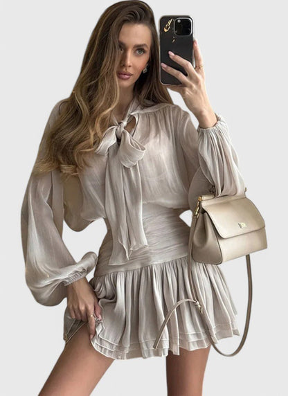 POLYESTER ELEGANT PLEATED O - NECK MINI DRESS - Cecilia`s Dresses