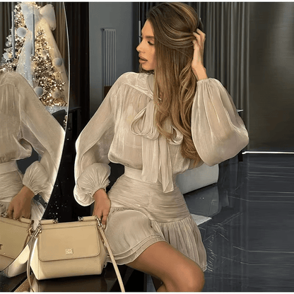 POLYESTER ELEGANT PLEATED O - NECK MINI DRESS - Cecilia`s Dresses