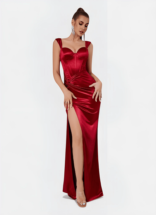 RED SLEEVELESS SATIN CORSET RUCHED PROM DRESS - Cecilia`s Dresses