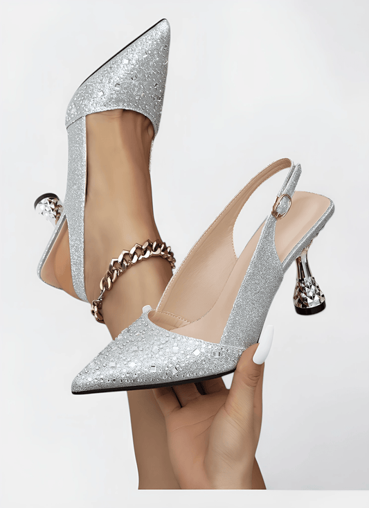 RHINESTONE POINTED SILVER HEELS - Cecilia`s Dresses