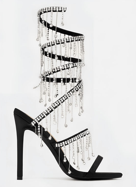 RHINESTONE STUDDED TASSEL WRAP HIGH HEELS - Cecilia`s Dresses