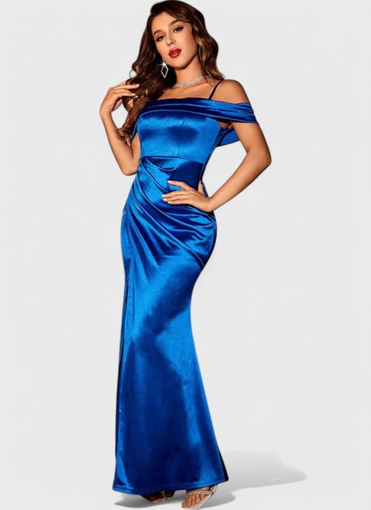 SATIN SLASH NECK MERMAID LONG DRESS - Cecilia`s Dresses
