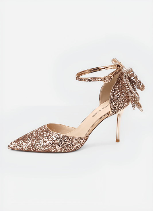 SEQUIN & BOW DECOR POINT TOE HEELED PUMPS - Cecilia`s Dresses
