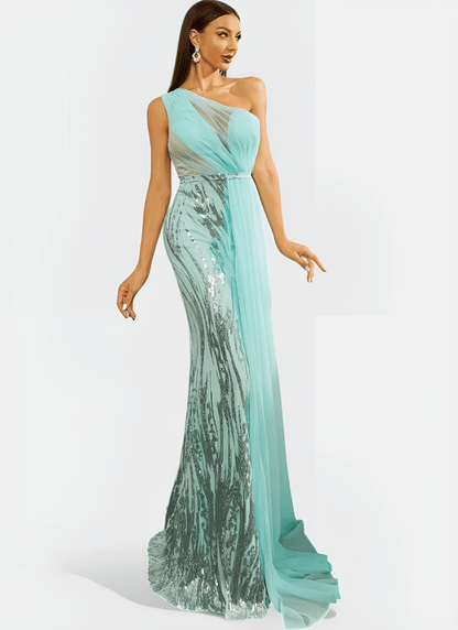 SEQUIN ONE - SHOULDER SLASH NECK MERMAID LONG DRESS - Cecilia`s Dresses