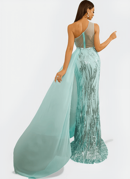 SEQUIN ONE - SHOULDER SLASH NECK MERMAID LONG DRESS - Cecilia`s Dresses