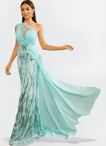 SEQUIN ONE - SHOULDER SLASH NECK MERMAID LONG DRESS - Cecilia`s Dresses
