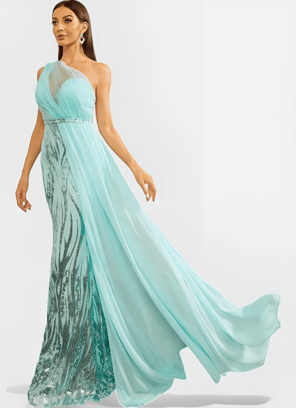 SEQUIN ONE - SHOULDER SLASH NECK MERMAID LONG DRESS - Cecilia`s Dresses