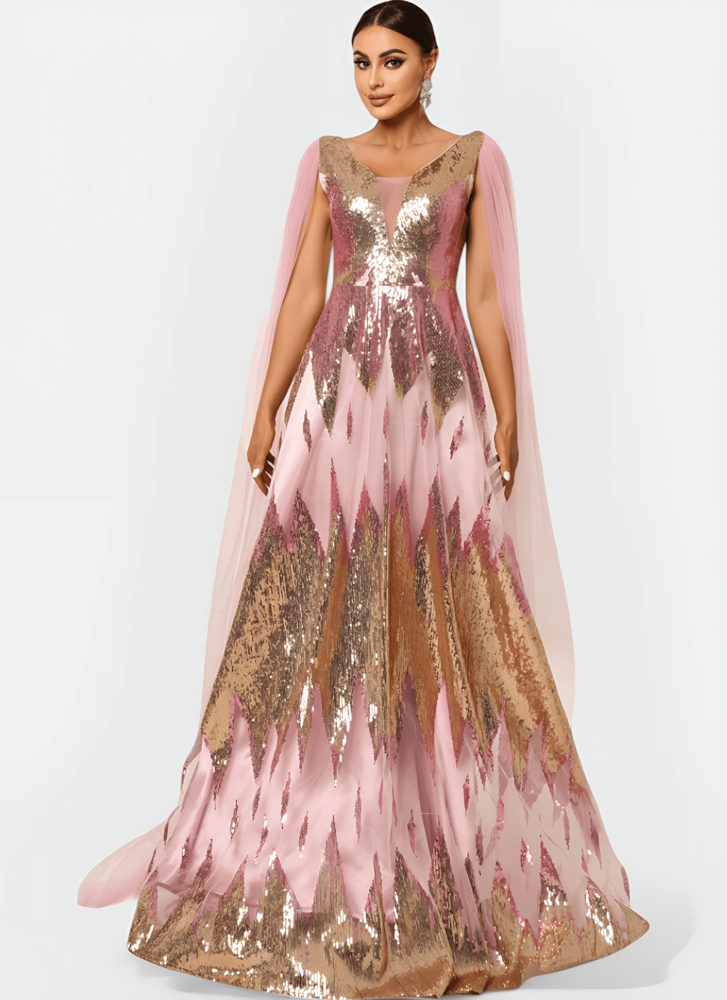 SEQUIN V - NECK FLYING SLEEVE STRAIGHT LONG DRESS - Cecilia`s Dresses