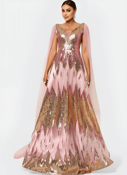 SEQUIN V - NECK FLYING SLEEVE STRAIGHT LONG DRESS - Cecilia`s Dresses