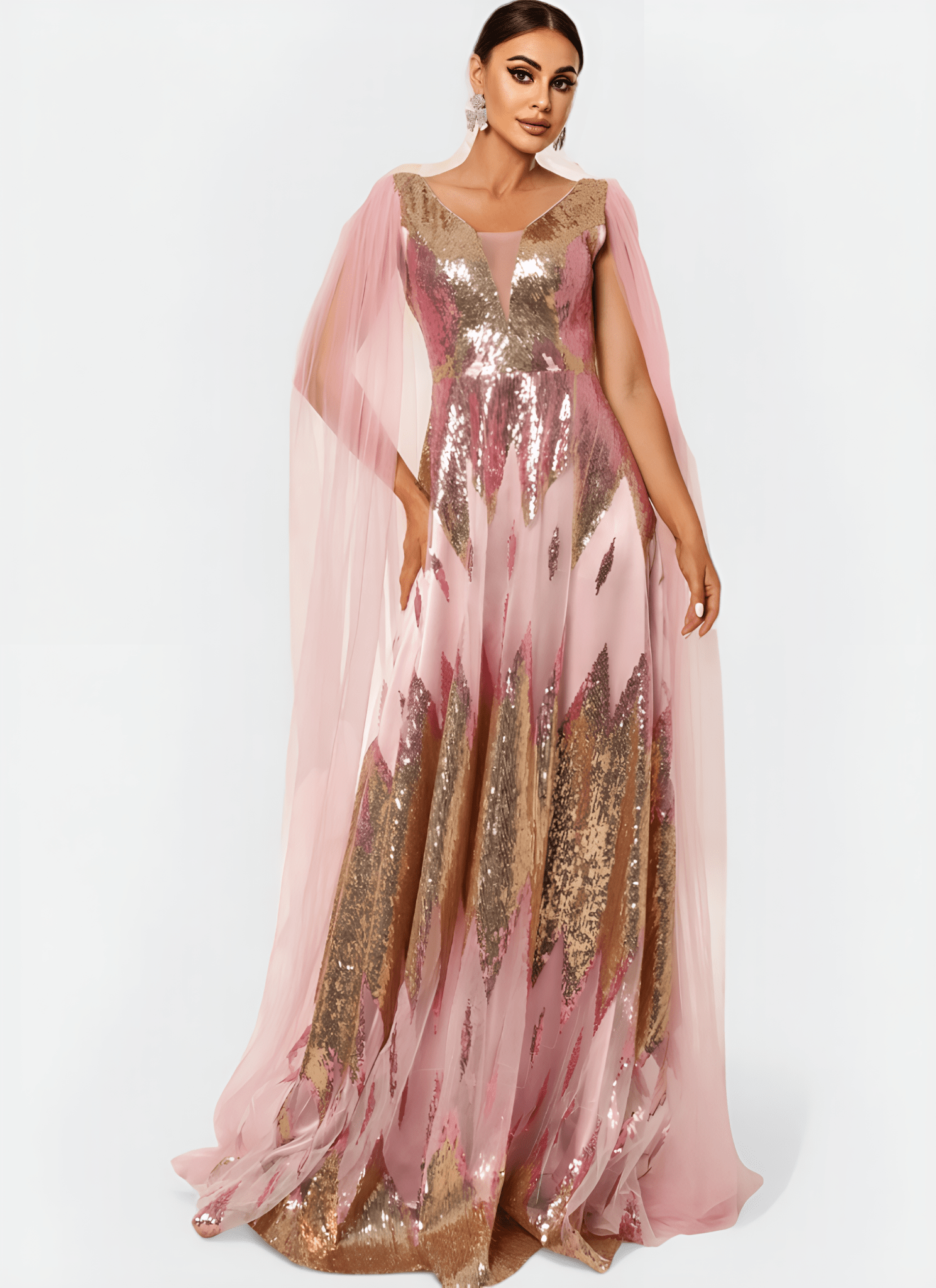 SEQUIN V - NECK FLYING SLEEVE STRAIGHT LONG DRESS - Cecilia`s Dresses
