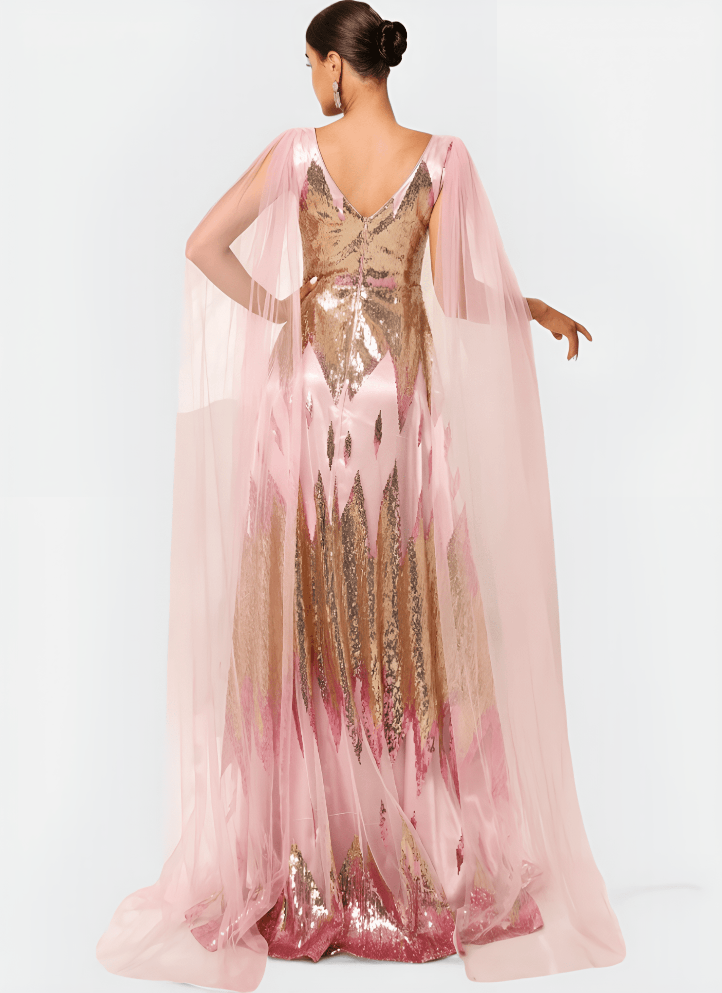 SEQUIN V - NECK FLYING SLEEVE STRAIGHT LONG DRESS - Cecilia`s Dresses