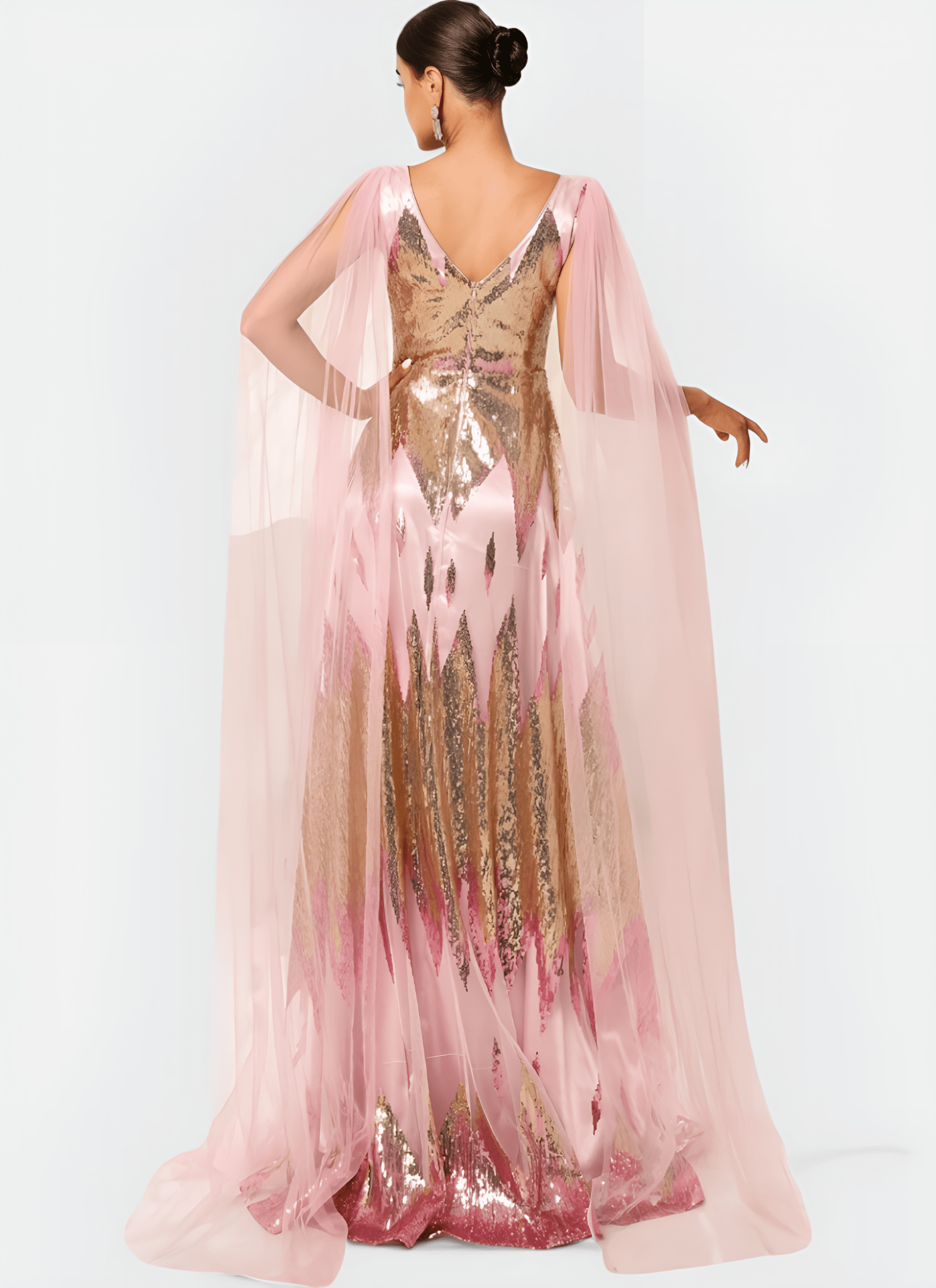 SEQUIN V - NECK FLYING SLEEVE STRAIGHT LONG DRESS - Cecilia`s Dresses