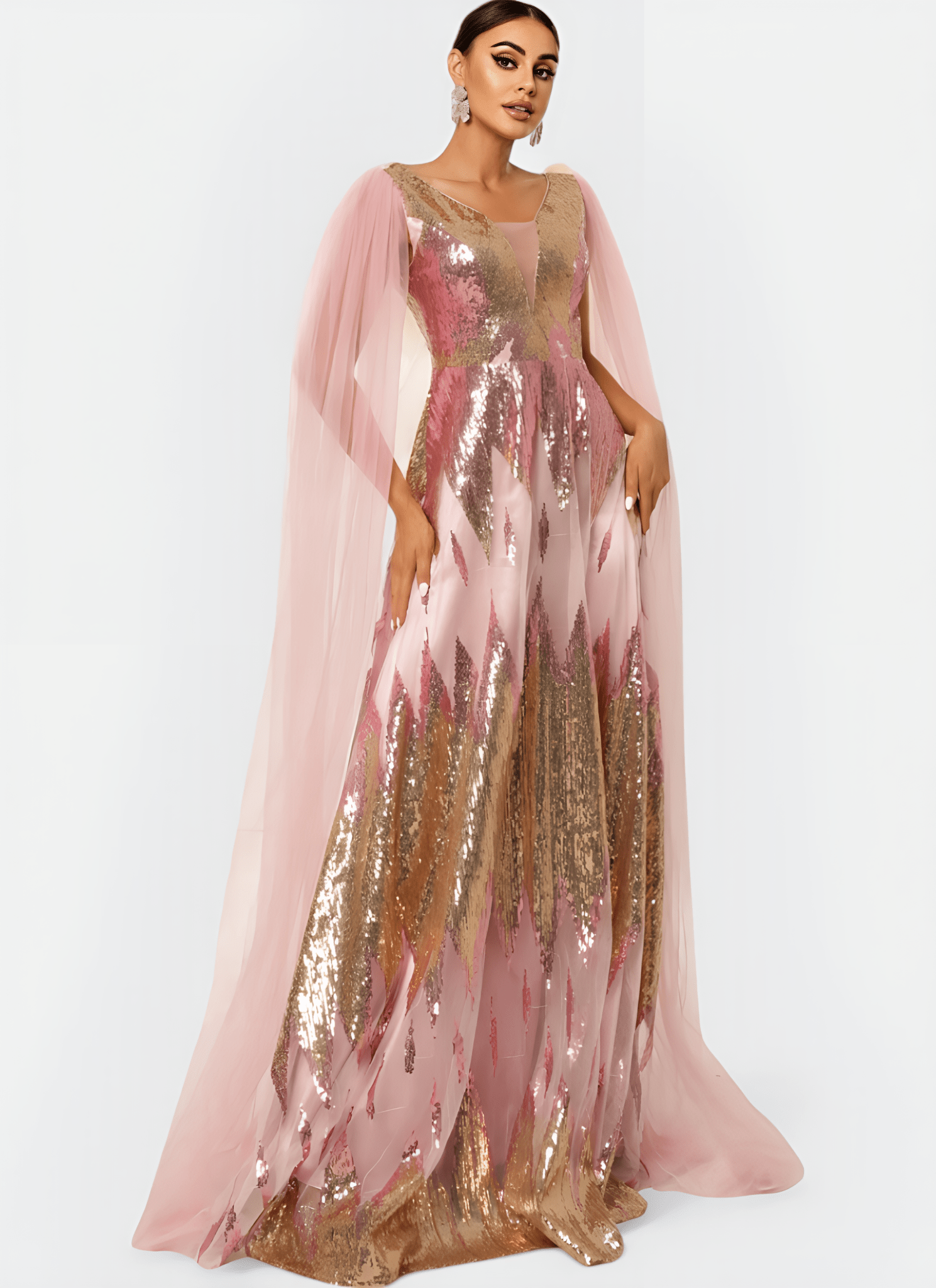 SEQUIN V - NECK FLYING SLEEVE STRAIGHT LONG DRESS - Cecilia`s Dresses