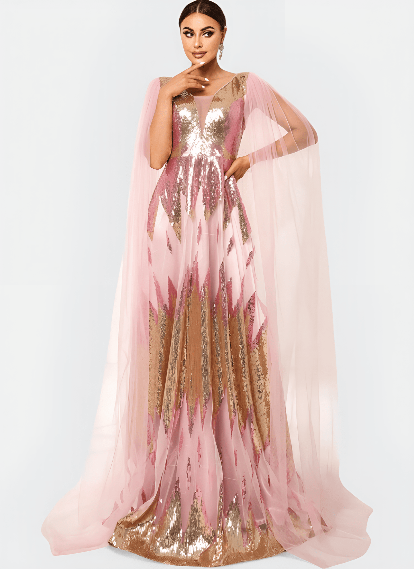 SEQUIN V - NECK FLYING SLEEVE STRAIGHT LONG DRESS - Cecilia`s Dresses