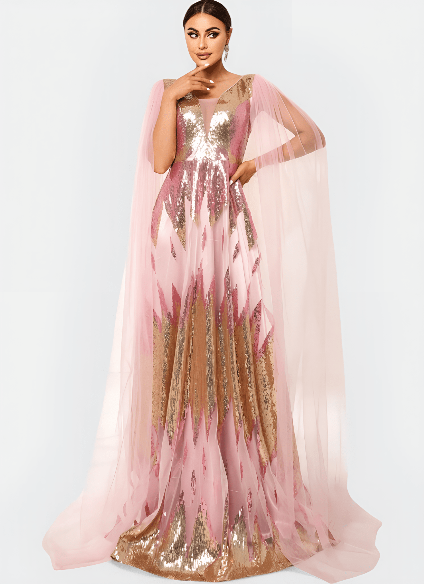 SEQUIN V - NECK FLYING SLEEVE STRAIGHT LONG DRESS - Cecilia`s Dresses
