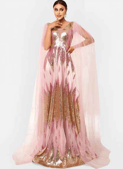 SEQUIN V - NECK FLYING SLEEVE STRAIGHT LONG DRESS - Cecilia`s Dresses