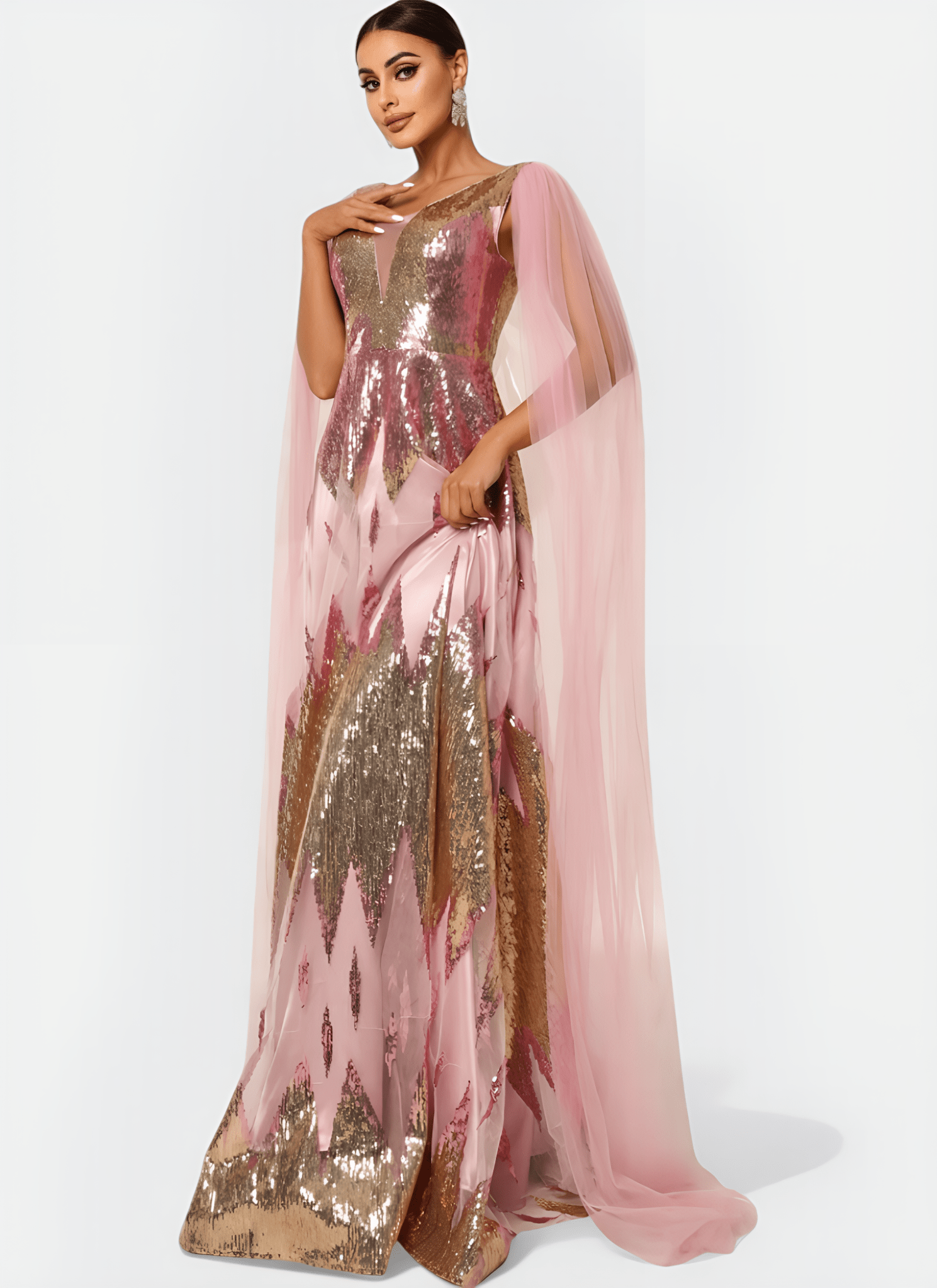 SEQUIN V - NECK FLYING SLEEVE STRAIGHT LONG DRESS - Cecilia`s Dresses