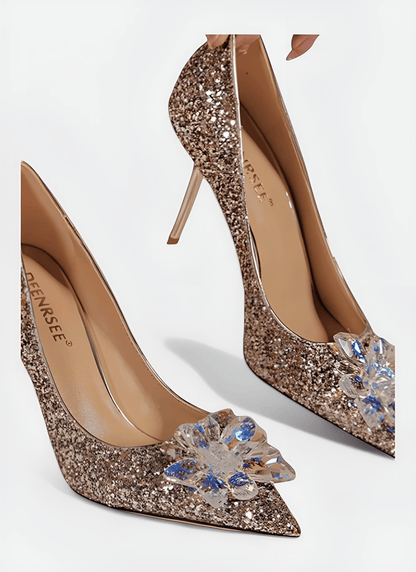 SHINE INLAY CRYSTAL FLOWER BANQUET WEDDING THIN HIGH HEELS - Cecilia`s Dresses
