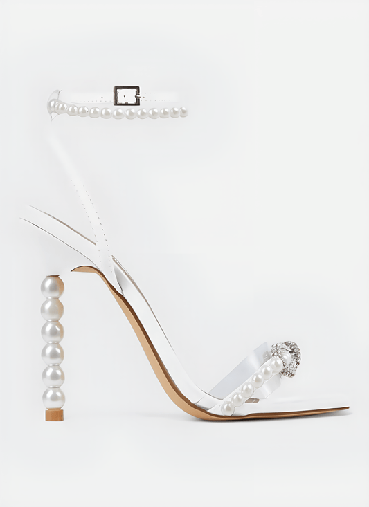 SQUARE HEAD RHINESTONE BOW PEARL HIGH HEELS - Cecilia`s Dresses