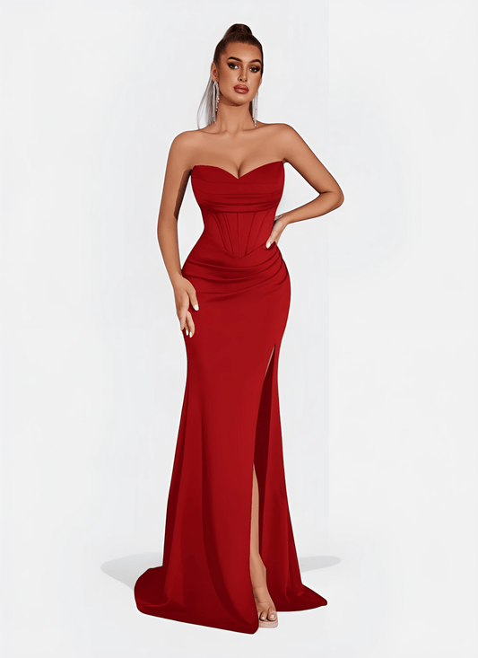 STRAPLESS RUCHED CORSET SPLIT PROM DRESS - Cecilia`s Dresses