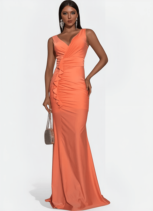 V - NECK DRAPED MERMAID FLOOR - LENGTH DRESS - Cecilia`s Dresses