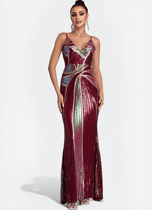 V - NECK SEQUIN MERMAID POLYESTER ANKLE - LENGTH DRESS - Cecilia`s Dresses